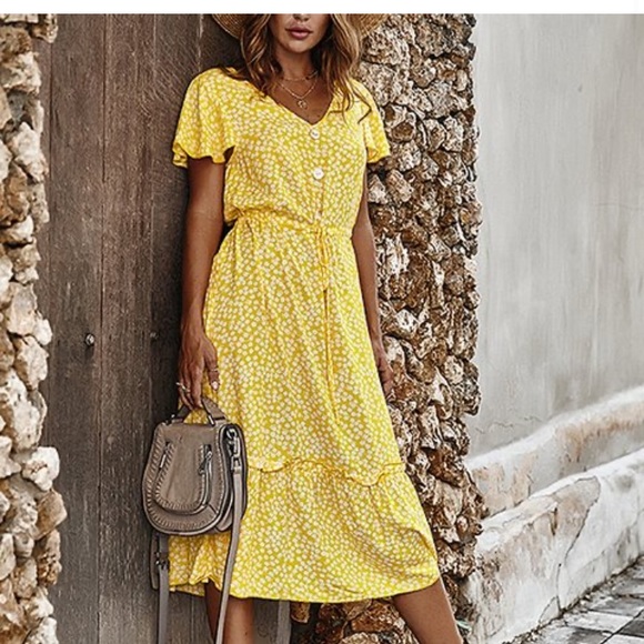 Gaovot Dresses & Skirts - Yellow & White Floral Tiered  Ruffled A Line Dress